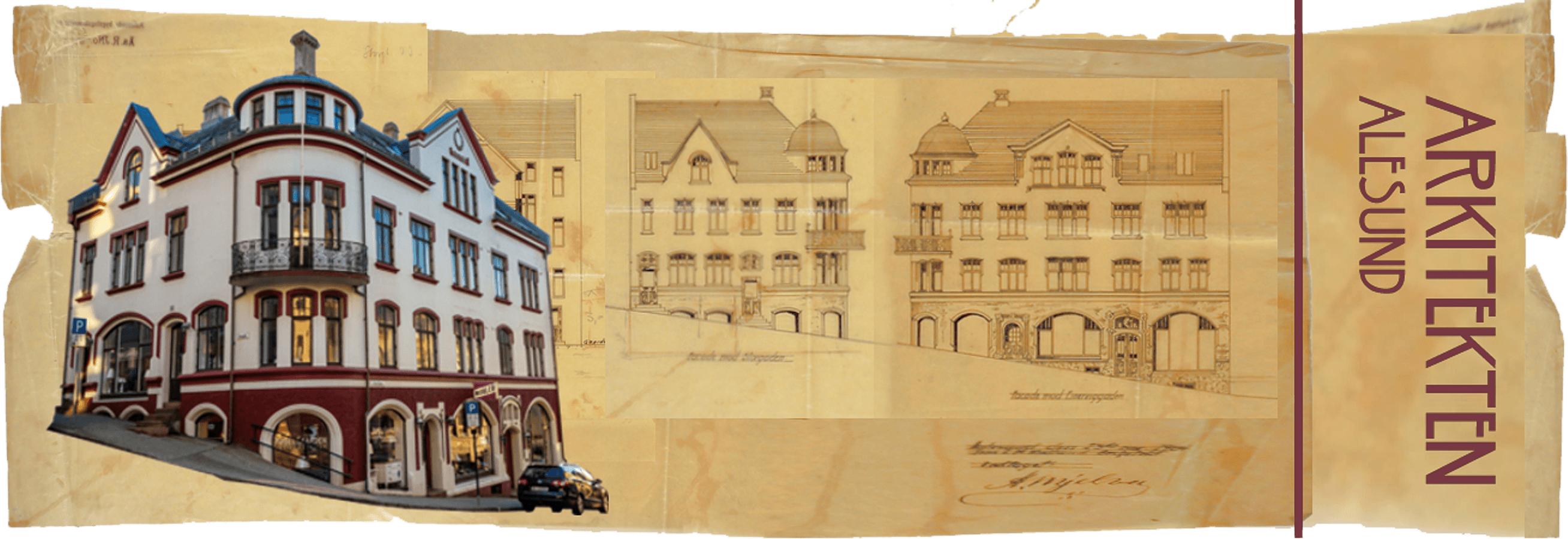 Storgata 23 shown together with historic architectural drawings of the building
